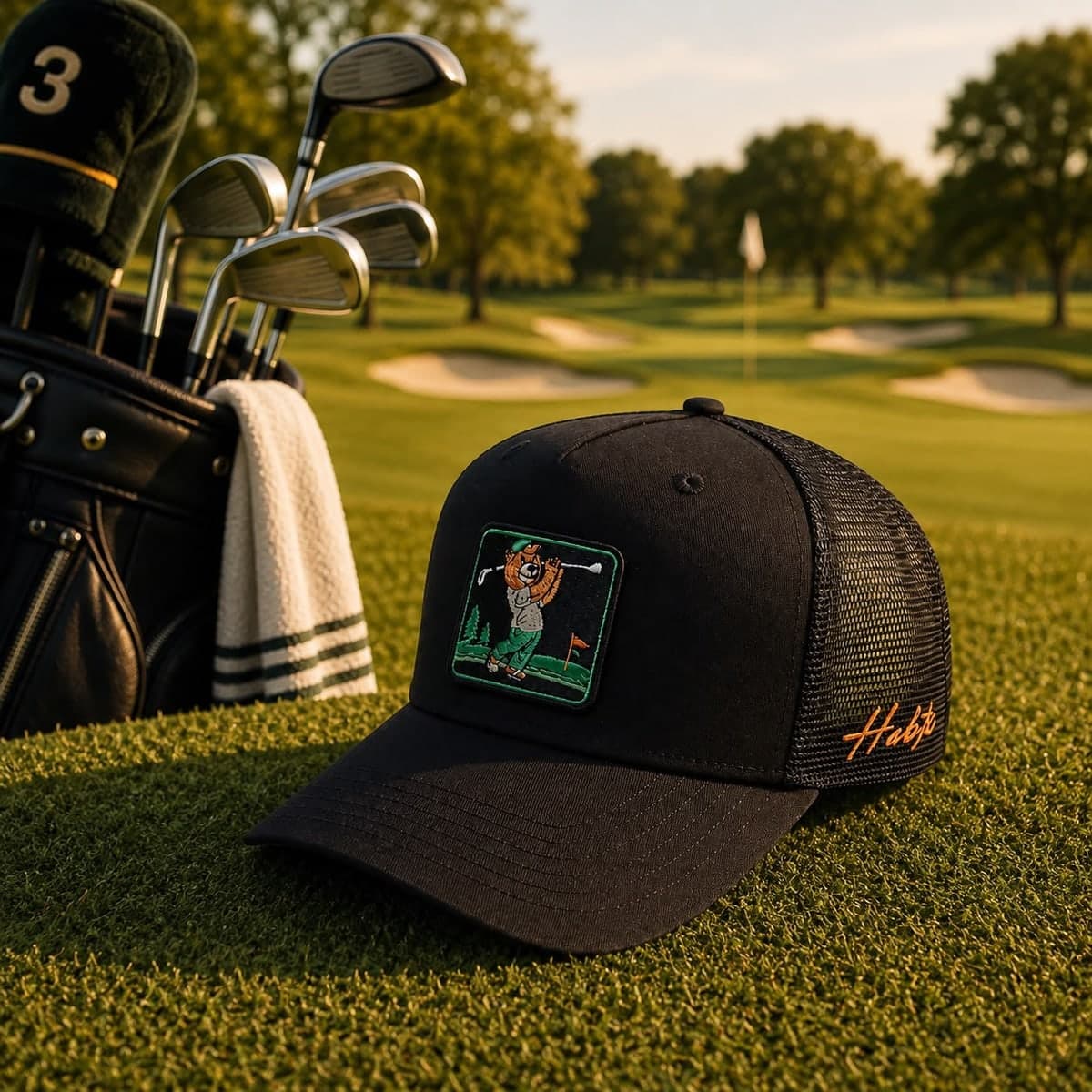 on the course at golden hour, beside a bag of clubs