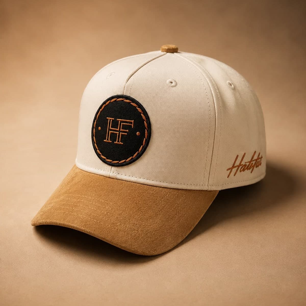 three-quarter view showing the suede brim and rope-stitched HF patch